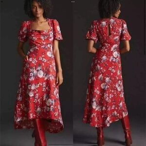 NWOT Anthropologie Maeve Red Puff Sleeve Midi Dress Size 4​​